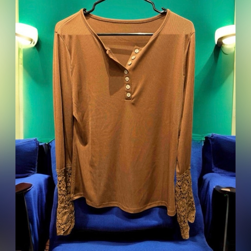 Elegant Tan Long Sleeve Top with Lace Accents XL